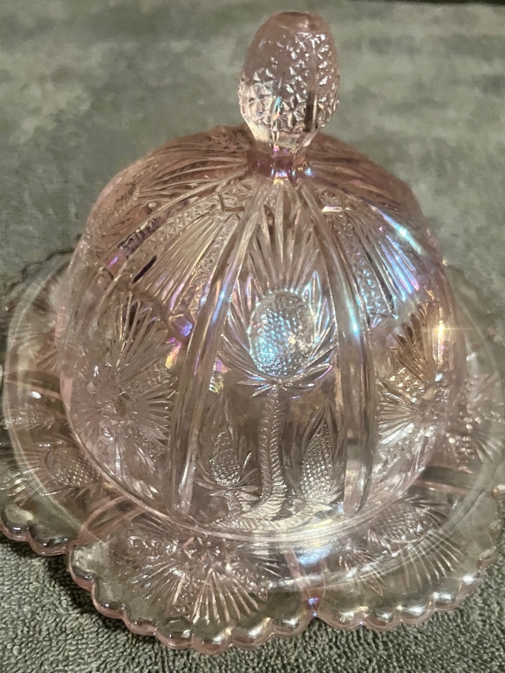 Vintage Mosser Glass Inverted Thistle Pink Carnival Covered Butter Dish